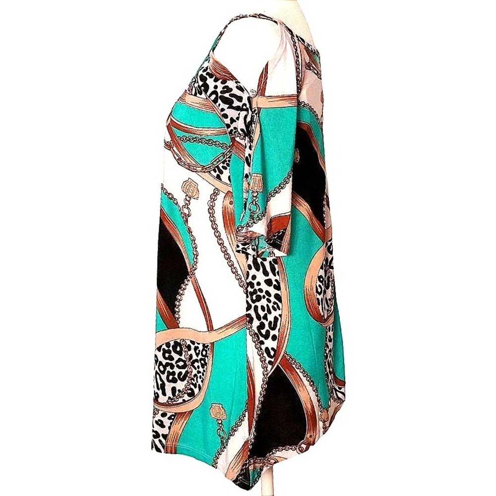 Glam Don't Miss‎ Out Scarf Print Cold Shoulder Top Women M Teal Leopard Chain - Picture 8 of 10